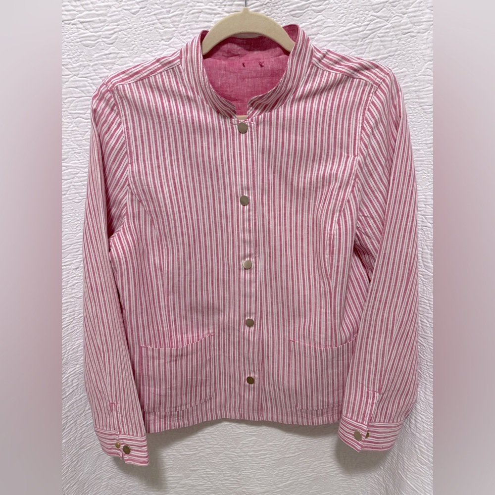 Chico’s pink striped reversible linen jacket